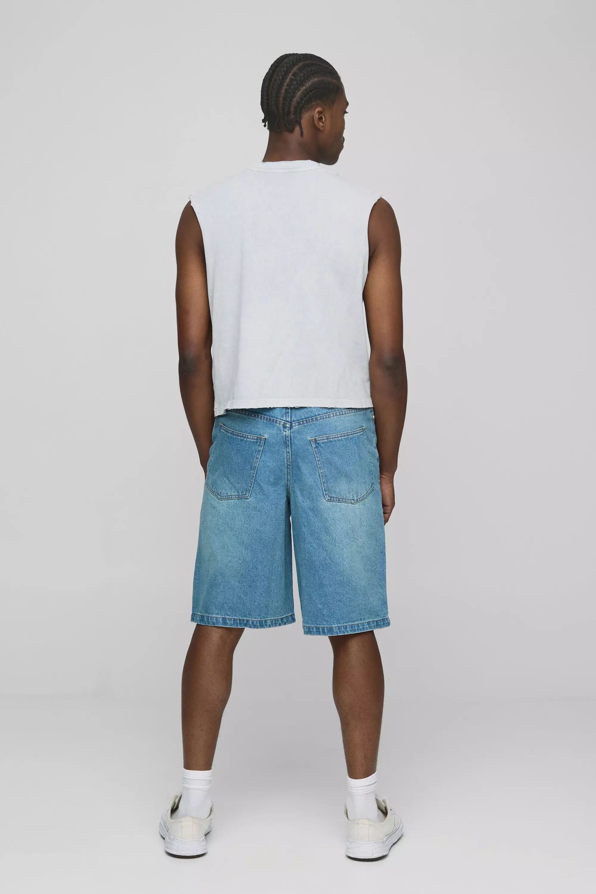 Regular Antique Blue Washed Ripped Denim Jorts | boohooMAN USA